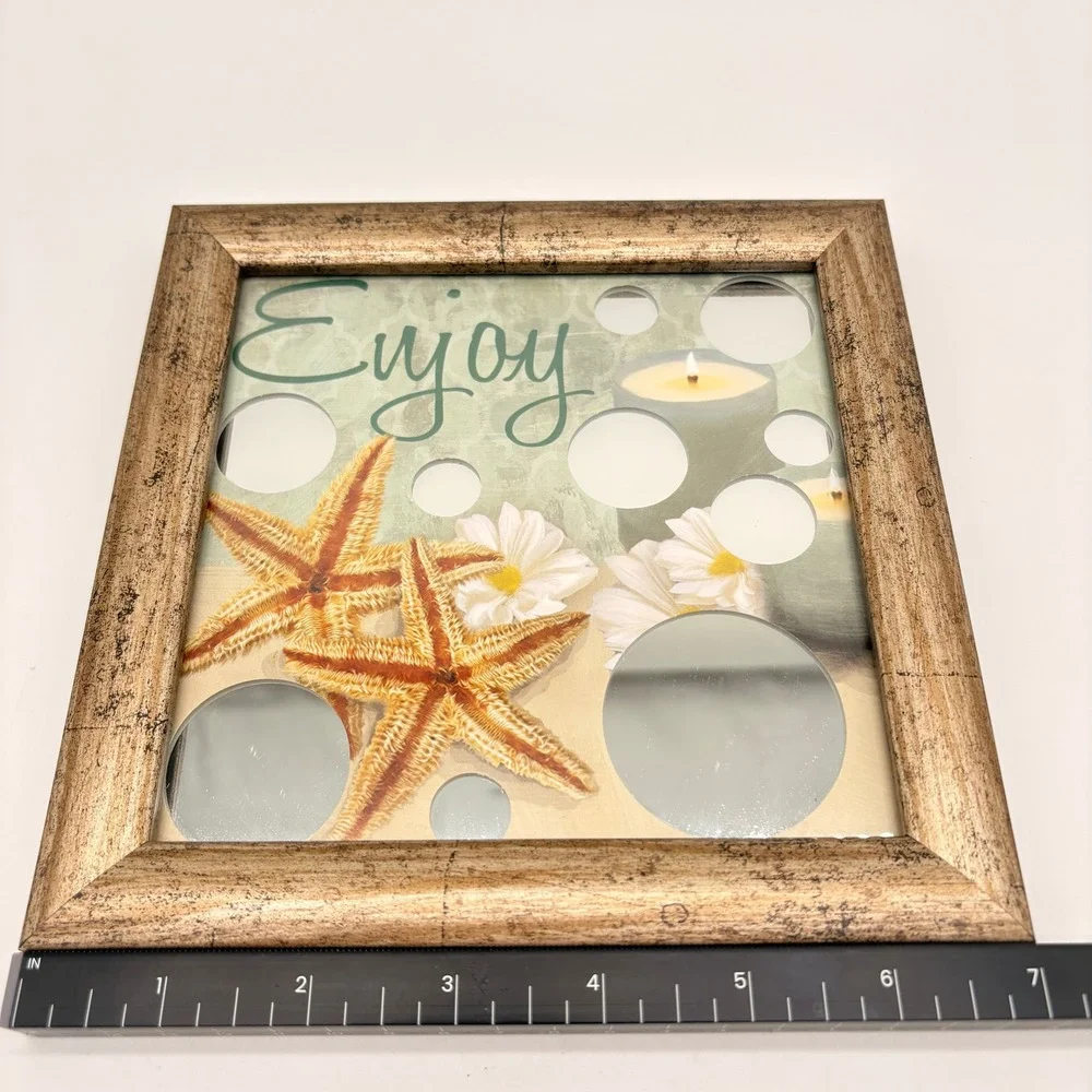 Coastal Beach House Wall Art Set 3 Renew Enjoy Relax Starfish Mirror Inset Decor